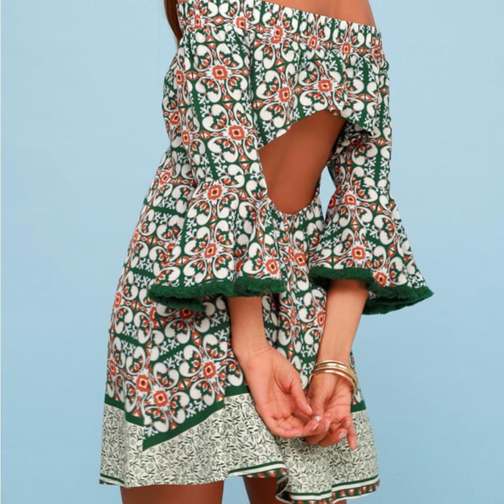 Lulus Wanderlust For Life Green Print Off-The-Shoulder Mini Dress - Picture 5 of 5